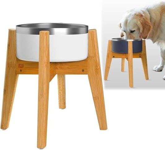 Dog Bowl Stand (14-inch High) - Ideal for Large Breeds, Use to Elevate, Raise Pet Dishes, Water Fountains and Slow Feeders - Adjustable Sideways, Bamboo - (Bowls not Included)-PawvioPets