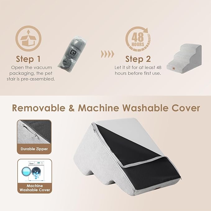 EHEYCIGA Curved Dog Stairs Ramp for Small Dogs 15.7" H, 3-Step Dog Steps for Couch Sofa and Chair, Pet Stairs for Cats, Non-Slip Balanced Pet Steps Indoor, Light Grey-PawvioPets