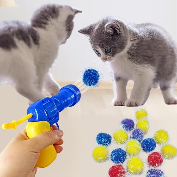 30 Pieces Sparkle Pom Pom Balls with Ball Bloster for Cat - Interactive Glitter Balls, Multicolor, Size of 1.2 inches, Best as Kitten Play Toys-PawvioPets