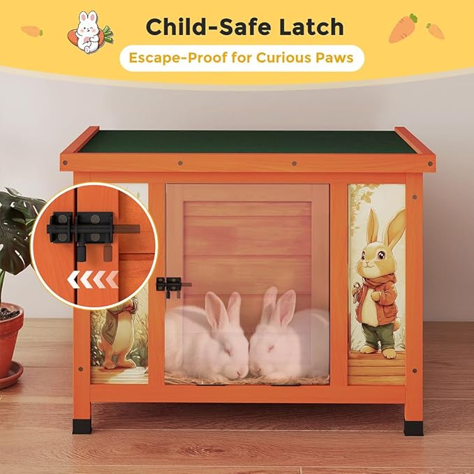 COZIWOW 24in Wooden Cat House Outdoor & Indoor Pet Shelter with Foldable Ramp - Weatherproof Rabbit Hutch with Unique Machine-Printed Art Designs for Cat, Rabbit, Guinea Pig (Orange)-PawvioPets