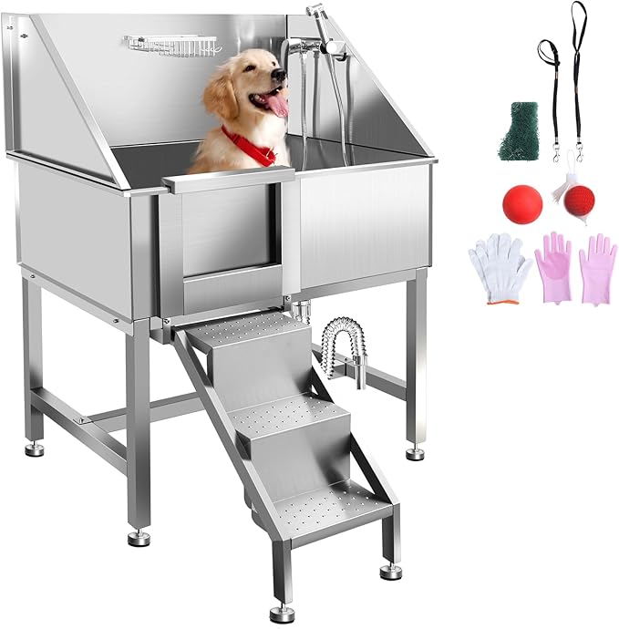 38" Pet Dog Bathing Station W/Ramp, Professional Stainless Steel Dog Grooming Tub W/Soap Box, Faucet,Rich Accessory, Dog Bathtub for Large,Medium,Small Pets, Washing Sink for Home,L-RAMP-PawvioPets