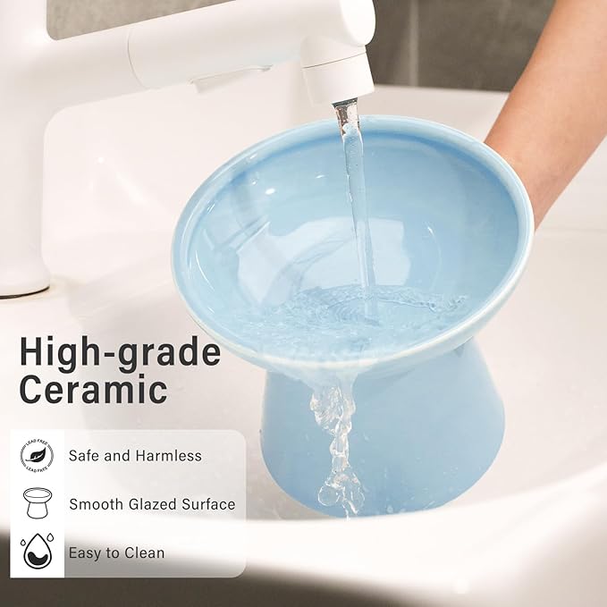 Extra Wide Elevated Ceramic Cat Bowl, 6.2" Shallow Dish for Whisker Fatigue Relief, 5" Height for Easy Feeding, Durable Raised Cat Food Bowls, Pack of 2, Blue-PawvioPets