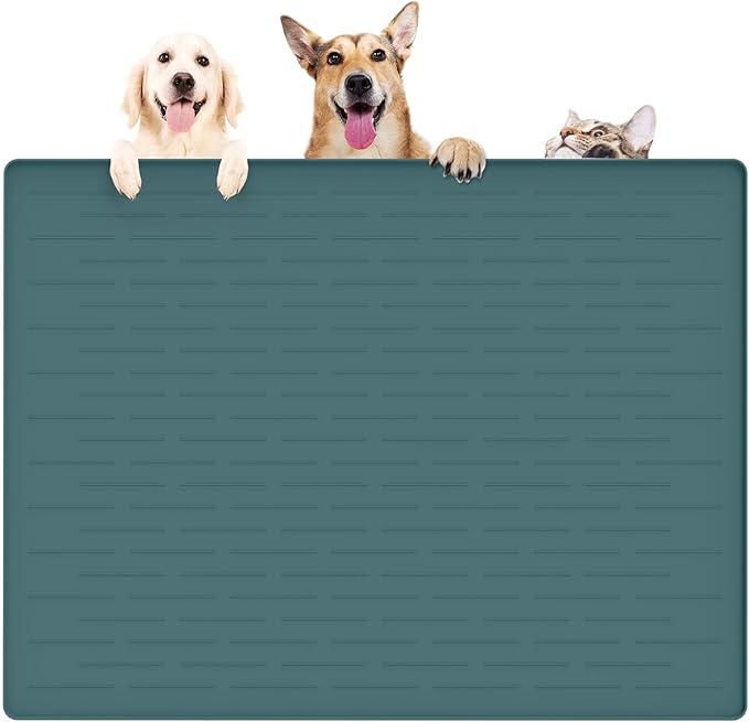 39.4"x29.5" Large Pet Food Mat, Silicone Dog Mats for Food and Water, Nonslip Pet Feeding Mats for Floors,Dog Cat Bowl Mat with Raised Edges, Dark Green-PawvioPets