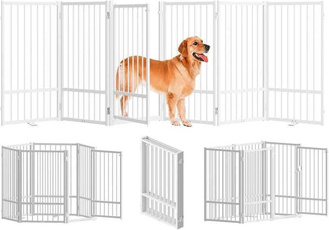Full Metal Freestanding Dog Gate with Door, 32''Height Foldable Pet Dog Fence for Indoor & Outdoor, 6 Panels Extra Wide Free Standing TallDog Gates for Doorways,House,Stairs,Porch,Deck,Yard-PawvioPets
