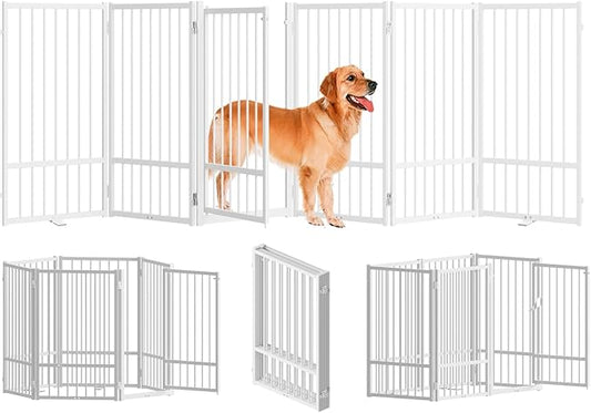 Full Metal Freestanding Dog Gate with Door, 32''Height Foldable Pet Dog Fence for Indoor & Outdoor, 6 Panels Extra Wide Free Standing TallDog Gates for Doorways,House,Stairs,Porch,Deck,Yard-PawvioPets