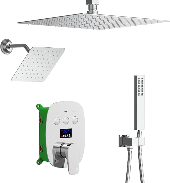 Digital Display Chrome Shower System with 12 inch Ceiling Mounted Shower Head and 8 inch Wall Mounted Shower Head, with Handheld Shower-PawvioPets