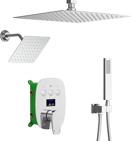 Digital Display Chrome Shower System with 12 inch Ceiling Mounted Shower Head and 8 inch Wall Mounted Shower Head, with Handheld Shower-PawvioPets