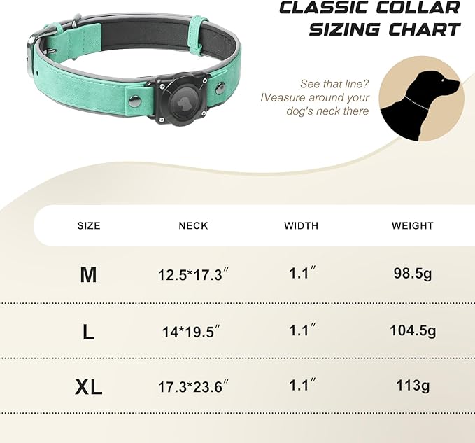 AirTag Dog Collar - Leather Dog Collar with Air Tag Holder | IPX8 Waterproof, Reflective, High - End, Adjustable Soft Padded | Dog GPS Tracker Collars Fit for Medium Large Dogs (Teal, L)-PawvioPets