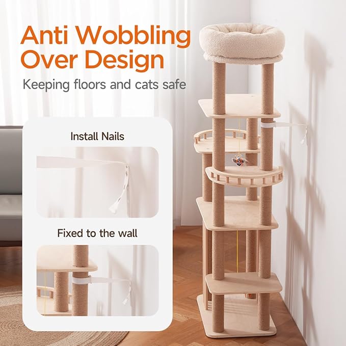 68" Large Cat Tree, Solid Wood Multi-Level Cat Tower with Scratching Posts, Fun Toys, and Washable Plush Platform for Indoor Cats-PawvioPets