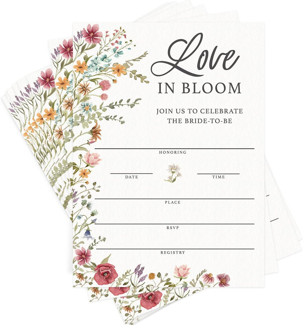 Printed Party Bridal Shower Invitations and Envelopes, Wildflower Theme, Love In Bloom Design, Set of 30