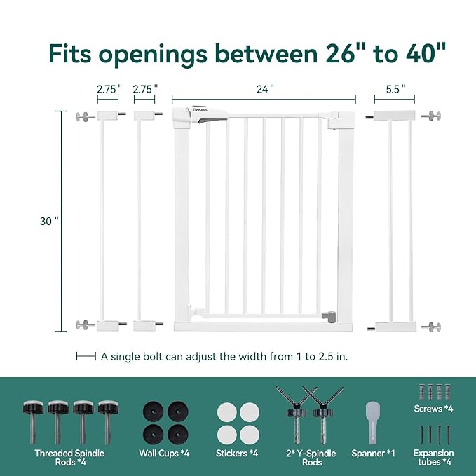 Babelio Baby Gate for Doorways and Stairs, 26''-40'' Auto Close Dog/Puppy Gate, Easy Install, Pressure Mounted, No Drilling, fits for Narrow and Wide Doorways, Safety Gate Door for Child and Pets-PawvioPets