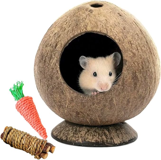 Coconut Hamster Hideout Hamster House Gerbil Cage for Small Animals with a Bundle of Apple Sticks a Carrot (Brown)-PawvioPets