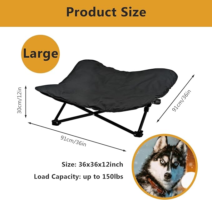 Elevated Dog Bed, Portable Raised Pet Cot for Outdoor and Indoor Folding Dog Cot Bed with Padded Filling Carrying Bag Included Pet Raised Travel Lounger for Camping Traveling (36x36x12inch)-PawvioPets