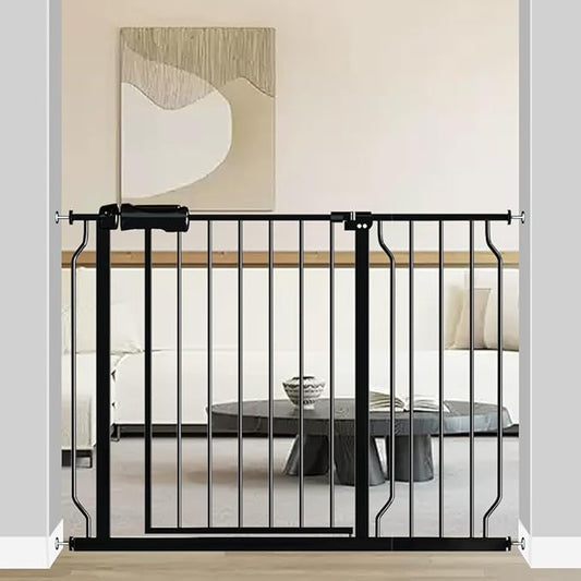 Fairy Baby Walk Through Baby Gate 38.5-43.5 Inch Wide, Pressure Mounted Safety Gate with Door No Drill, Black Tension Metal Gate for Dog and Toddler-PawvioPets