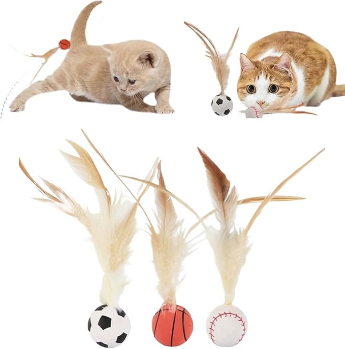 2025 New Interactive Cat Feather Ball Toy Set - Elastic Bouncy Cat Toys with Feather Tails, Silicone Rolling Balls for Indoor Cats & Kitten Exercise, Safe & Fun Play (1 Set)-PawvioPets