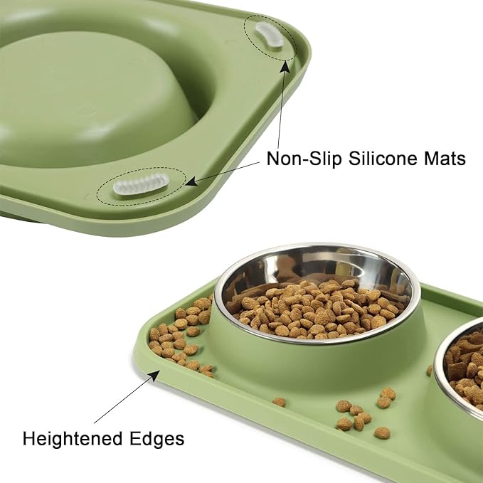 Cat Food Bowls, Cat Bowls Non-Skid and Non-Spill Silicone Pads with PP Stand, Removable Stainless Steel Food and Water Dishes for Cats, Small Size Dogs-PawvioPets