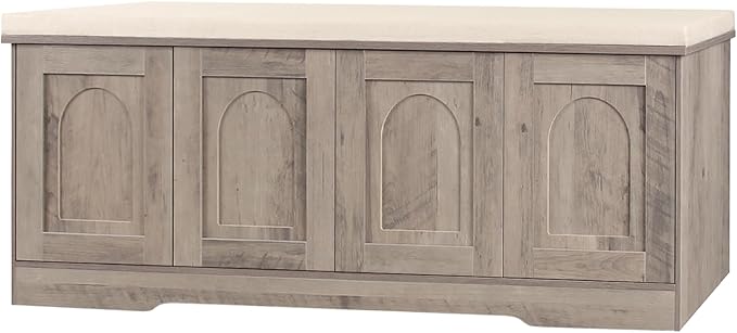 DINZI LVJ Shoe Bench, Entryway Storage Bench with Doors, Cushion, 2-Tier Shoe Rack with 8-Cubby, 47.2”L x 13.8”W Shoe Organizer Cabinet, Adjustable Shelf, Living Room, Bedroom, Greige-PawvioPets