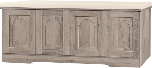 DINZI LVJ Shoe Bench, Entryway Storage Bench with Doors, Cushion, 2-Tier Shoe Rack with 8-Cubby, 47.2”L x 13.8”W Shoe Organizer Cabinet, Adjustable Shelf, Living Room, Bedroom, Greige-PawvioPets