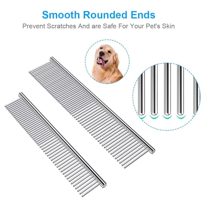 2 Pack Dog Combs with Rounded Ends Stainless Steel Teeth, Cat Comb for Removing Tangles and Knots, Professional Grooming Tool for Long and Short Haired Dog, Cat and other pets, 6.3IN/7.4IN-PawvioPets