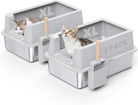 2 Pack Stainless Steel Cat Litter Box - Enclosed XL Metal Kitty Litter Box with Lid for Big Cats, High Sided, Anti-Leakage, Easy Cleaning, Non-Sticky, Included Cat Litter Spoon-PawvioPets