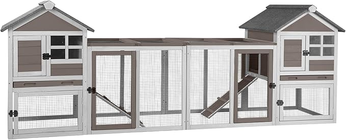 Aivituvin Large Rabbit Hutch Indoor Bunny Cage Outdoor with Run Chicken Coop Guinea Pig House with Waterproof Asphalt Roof,No Leakage Pull Out Tray (103.2" L x 25.2" W x 36.2" H,Brown-2 Sets)-PawvioPets