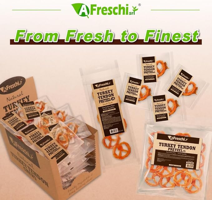 Afreschi Turkey Tendon Pretzel (S) 6 Pieces per Pack, USA-Sourced Turkey Tendon, All Natural Human Grade Puppy Chew, Hypoallergenic, Rawhide Alternative, Dog Treats for Small Breeds-PawvioPets