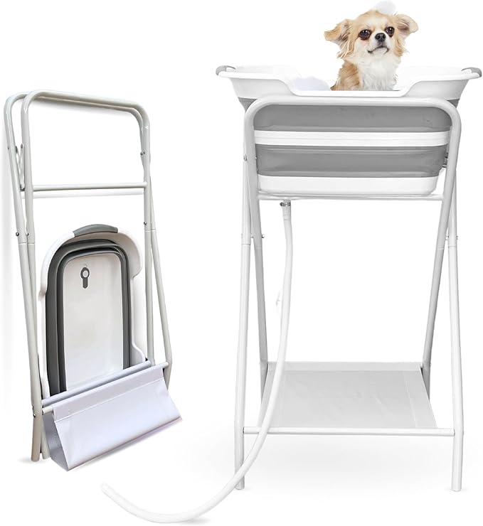 CYGNE 2-in-1 Dog Bathtub & Washing Station, Elevated Collapsible Bathtub with Drainhole & Storage Rack, Foldable Portable Indoor/Outdoor Pet Bathing & Grooming for Small Dogs Cats-PawvioPets