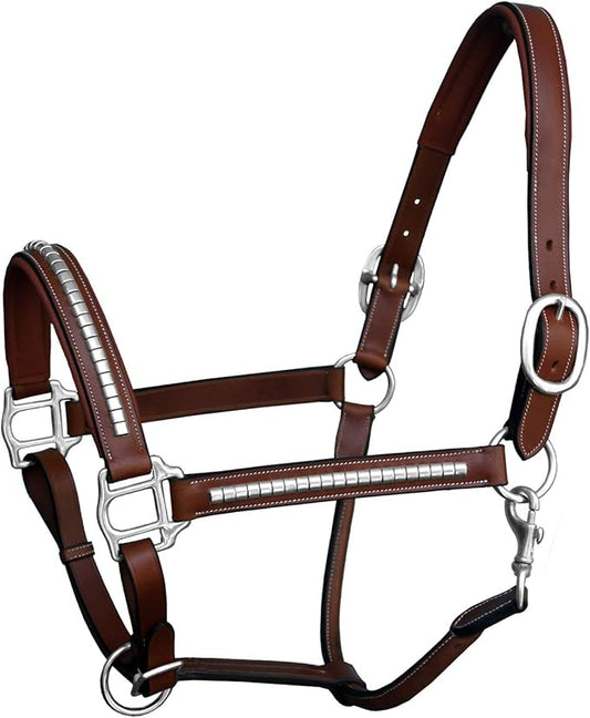 Exion Leather Horse Halter with Padding & Clincher Studs – Adjustable Quick‑Release Crownpiece Halter for Horses – Vegetable‑Tanned Leather in Black & Brown – Cob, Full & Oversize-PawvioPets
