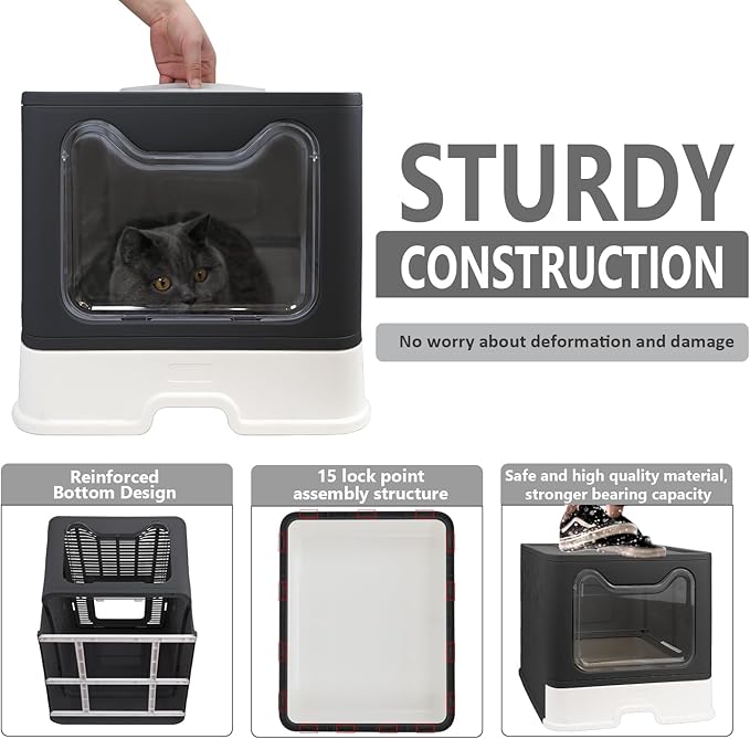 Foldable Cat Litter Box with Lid, Enclosed Potty, Large Top Entry Anti-Splashing Toilet, Easy to Clean Including Litter Scoop and 2-in-1 Cleaning Brush (Black)-PawvioPets