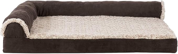 Furhaven Cooling Gel Dog Bed for Medium/Small Dogs w/ Removable Bolsters & Washable Cover, For Dogs Up to 35 lbs - Two-Tone Plush Faux Fur & Suede L Shaped Chaise - Espresso, Medium-PawvioPets
