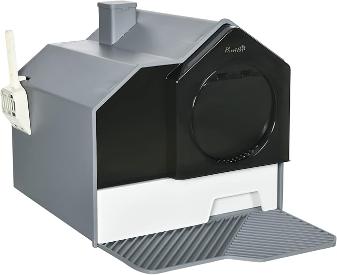 PawHut Hooded Cat Litter Box with Kitty Litter Mat, Kitty Litter Pan with Odor Control, Easy-Clean Pull-Out Drawer, Handle, Scoop, Gray-PawvioPets