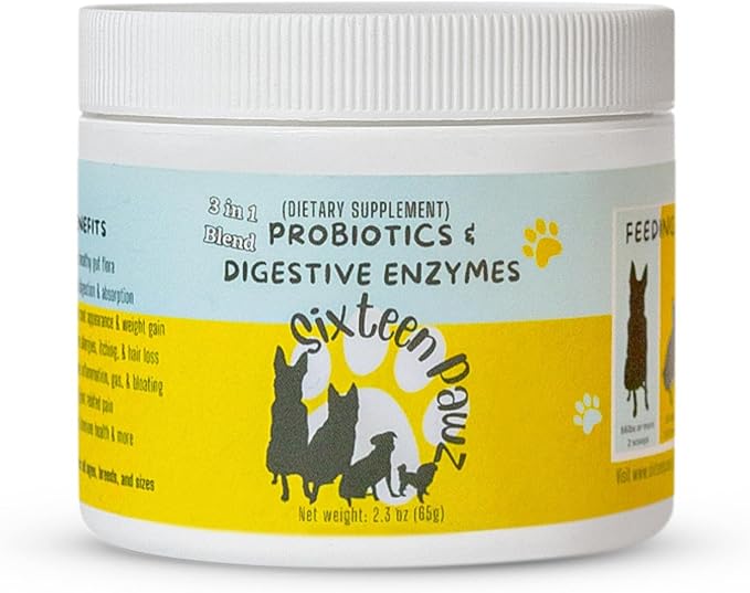 Dog & Cat Probiotics, Prebiotics, & Digestive Enzymes – Flavorless Powder for Gut Health, Allergies, Itchy Skin, Gas & Diarrhea – Organic, Vet-Approved – 65g Bottle (Up to 65 Servings)-PawvioPets