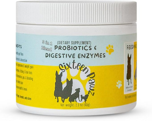 Dog & Cat Probiotics, Prebiotics, & Digestive Enzymes – Flavorless Powder for Gut Health, Allergies, Itchy Skin, Gas & Diarrhea – Organic, Vet-Approved – 65g Bottle (Up to 65 Servings)-PawvioPets