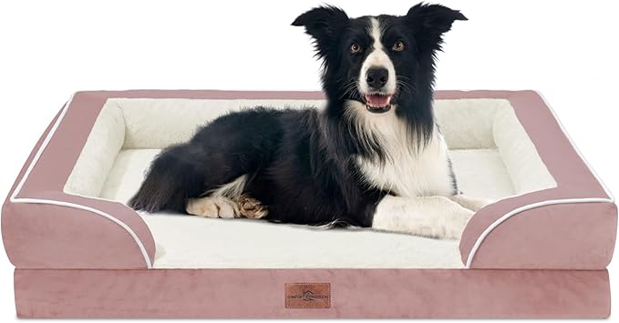 Comfort Expression Large Dog Beds Waterproof Orthopedic Foam Dog Beds for Large Dogs Sofa Comfy Pet Bed with Non-Slip Bottom & Washable Removable Cover(Pink)-PawvioPets