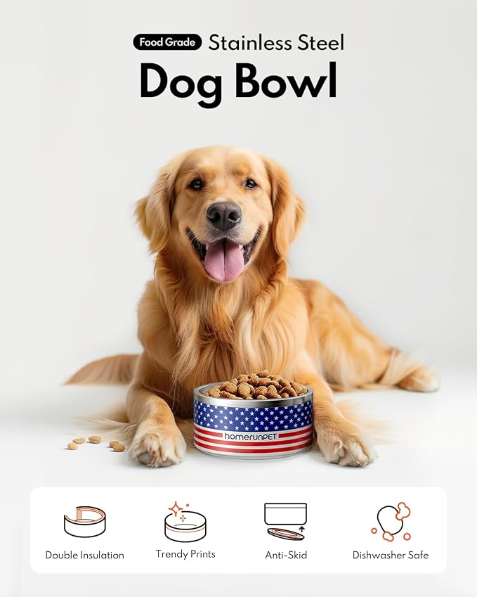Dog Bowl, HomeRunPet Dog Food Water Bowl with Non-Slip Rubber Base, Metal Insulated Stainless Steel Dog Bowls, Double Wall Dog Bowl for Small Medium Large Dogs, Durable, Dishwasher Safe, 64oz-PawvioPets