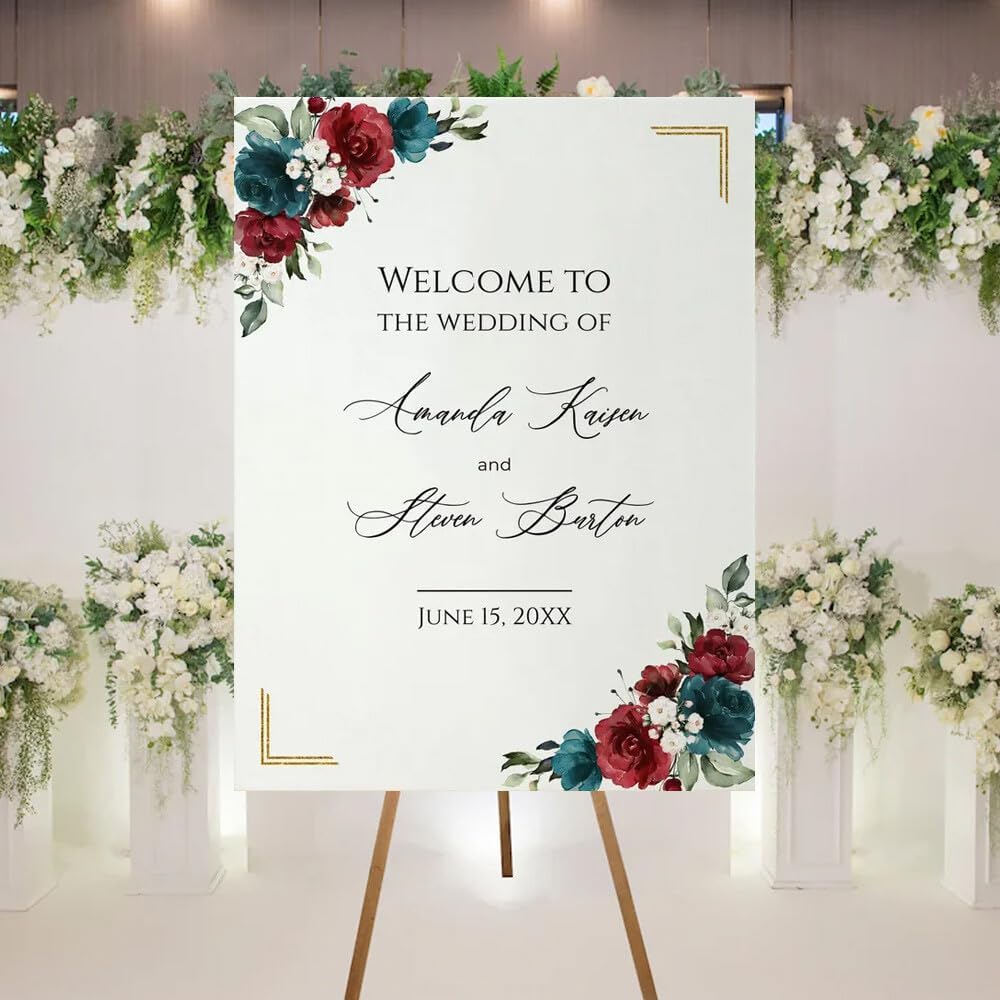 Welcome To Our Wedding Sign, Personalized Wedding Welcome Sign, Wedding Welcome Sign Wedding Reception Welcome Sign for Wedding Entrance, Burgundy and Dark Teal Wedding Welcome Sign