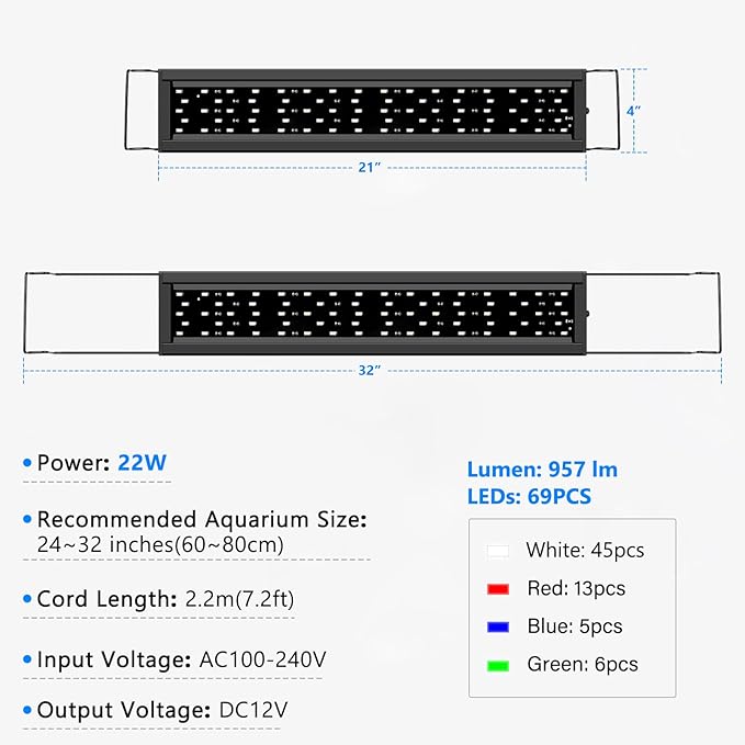 AQQA Aquarium Light,Full Spectrum Fish Tank Light for Plants,3 Mode+Timer+Adjustable Brightness,High Brightness LED Beads with Extendable Brackets for Freshwater (22W for 24-32inch)-PawvioPets