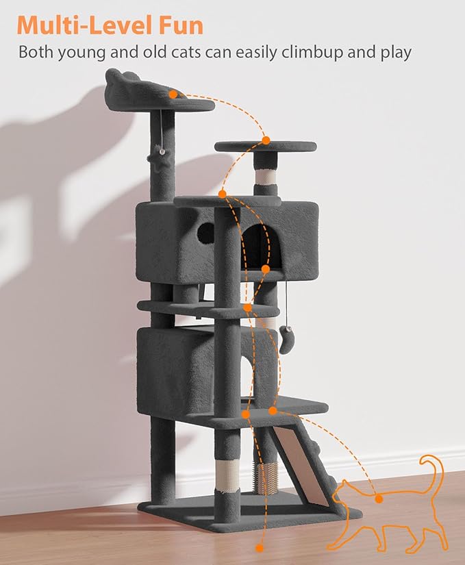 54" Cat Tree Tower for Indoor Cats Large Adult,Cute/Tall Modern Cat Tree for Big Cats 20 lbs, Plush Multi-Level Cat Condo with Scratching Posts,Hammock, Dangling Ball (Smoky Gray, 54 inch)-PawvioPets