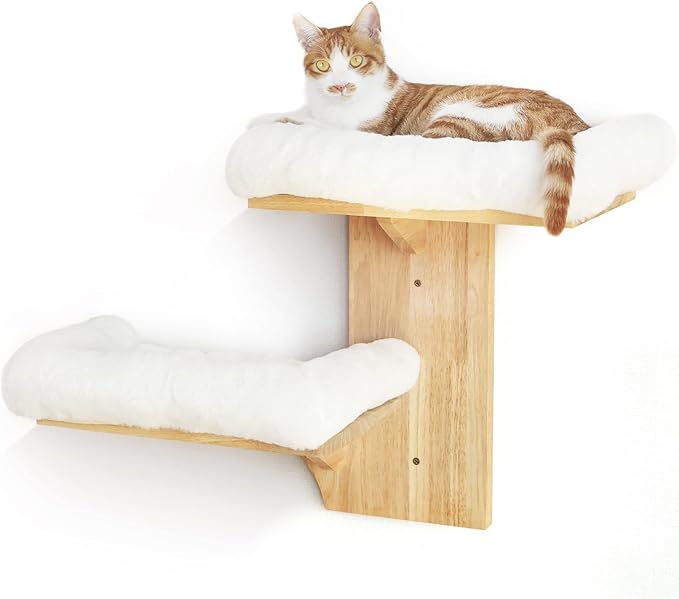 FUKUMARU Cat Wall Shelves, 2 Platform Cats Walls Furniture, Tree Shape Kitten Floating Shelf with Soft Cushion Perch, Solid Rubber Wood for 16 Inch Drywall, Suitable for Climb, Play, Nap-PawvioPets