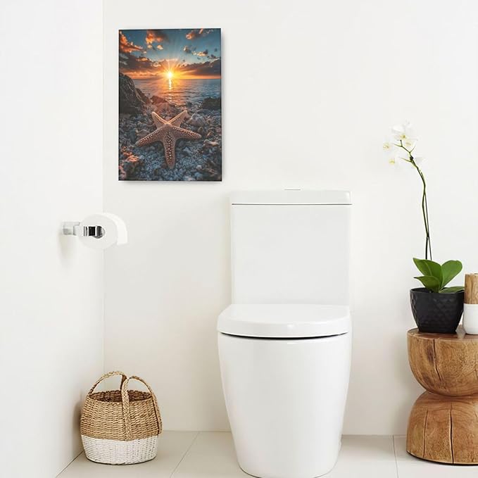 Beach Starfish Wall Decor Ocean Starfish Wall Art Sunset Scenery Coastal Theme Pictures Canvas Nature Seascape Painting Print Framed Artwork Decorations for Home Bathroom Living Room Bedroom Office 16"x24"-PawvioPets