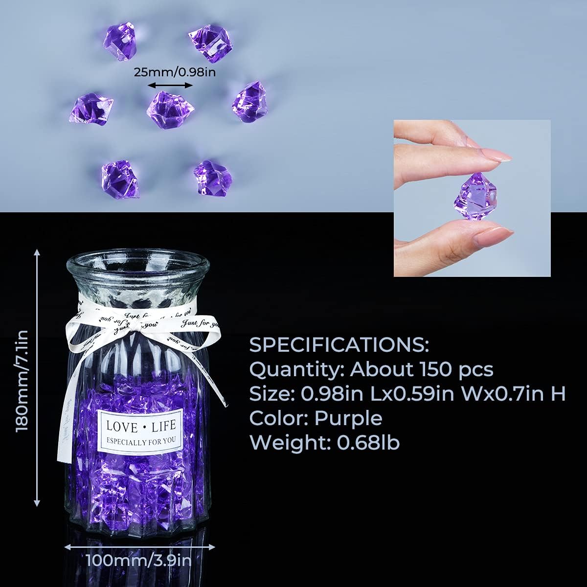 Acrylic Crushed Ice Rocks, Babenest 150 PCS Fake Crystals Plastic Ice Cubes Diamonds Gems for Vase Fillers, Home Decoration, Table Scatter, Event, Wedding, Arts & Crafts (Purple)