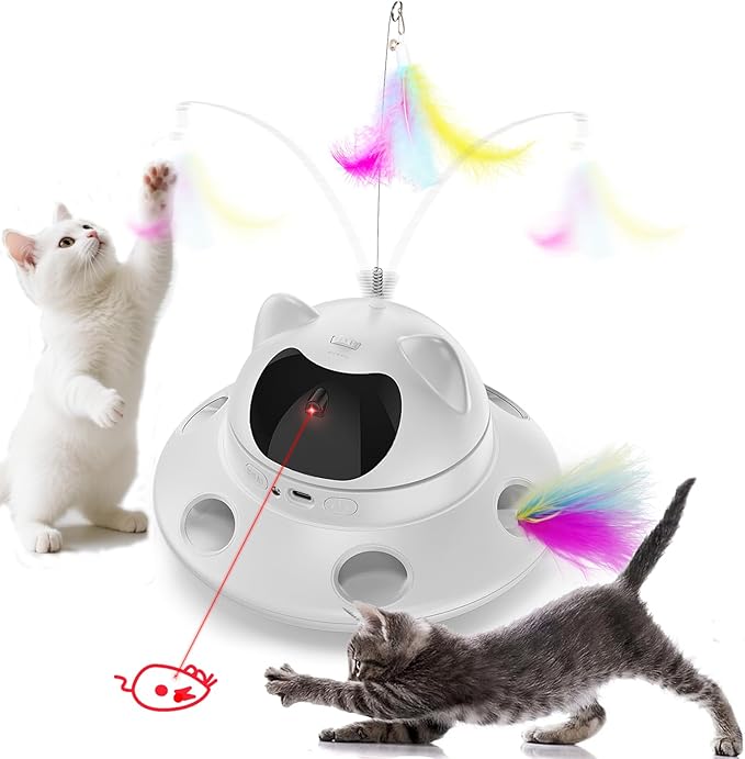 Cat Laser Toy,Automatic Laser cat Toy 3-in-1 Interactive Automatic Motion Activated Moving 6 Holes Whack A Mole Feather, USB Rechargeable Electronic Smart Sensor Kitten Toys for Indoor Exercise-PawvioPets