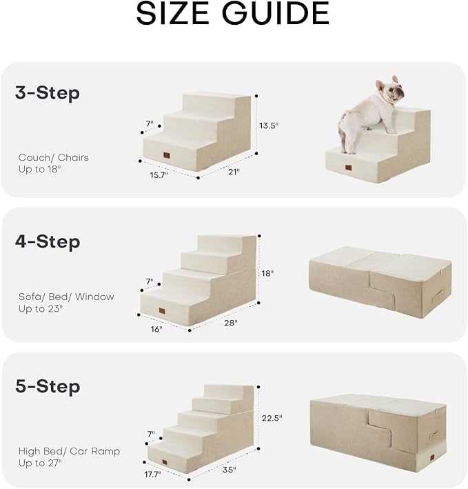 Dog Stairs for Bed, Dog Steps for Bed Couch Sofa, 35D Foam Pet Steps for Small Dogs and Cats, Extra Wide Pet Stairs with Non-Slip Bottom Beige, 3 Steps-PawvioPets