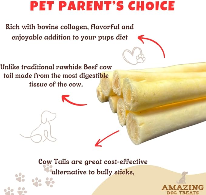 Amazing Dog Treats - 6 Inch Cow Tail Dog Chew- Thick - (20 Pcs/Pack) - Premium Quality - Sourced from Grass Fed Cattle - Long Lasting Dog Chew- Rawhide Alternative-PawvioPets