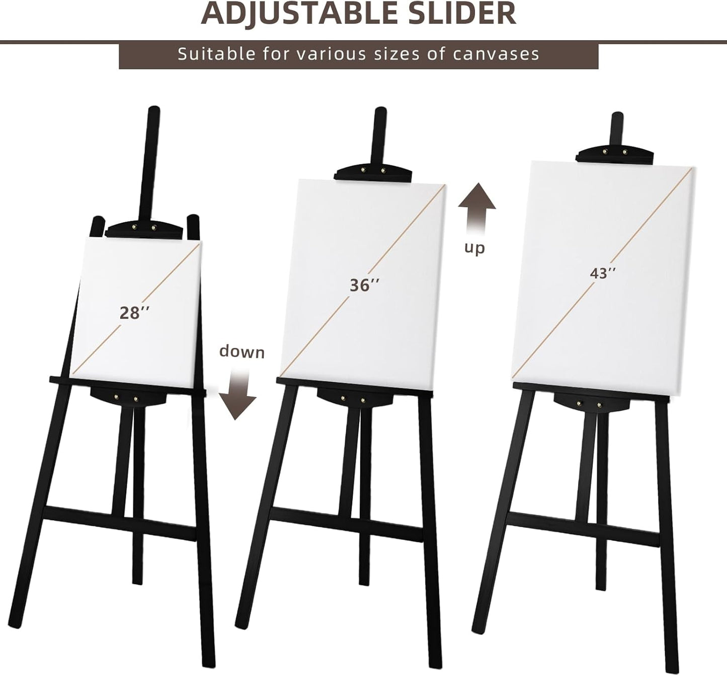 Adjustable Black Wooden Painting Easel, Pine Art Easel Stand Hold up to 43'', Painting Canvas for Wedding Sign and Poster, Drawing for Adults, Begginners and Students, Black