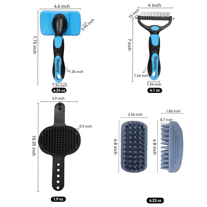 Dog Brush Kit for Grooming Short & Long Haired Dogs & Cats, 4-in-1 Pet Grooming Set with Self-Cleaning Slicker Brush, Deshedding Tool, Shampoo Bath Comb, Massge Comb (Blue Black)-PawvioPets