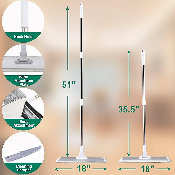 18" Professional Microfiber Mop Floor Cleaning System, Flat Mops with Stainless Steel Handle, 4 Reusable Washable Mop Pads, Wet and Dust Mopping for Hardwood, Vinyl, Laminate (White&Grey)-PawvioPets