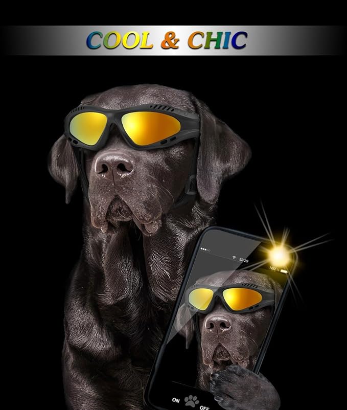 Dog Goggles Large Breed, UV Protection Dog Sunglasses with Sponge Pad and Adjustable Strap, Windproof Dustproof Anti-Fog Eye Protection Glasses for Outdoor Driving Riding, Black-PawvioPets