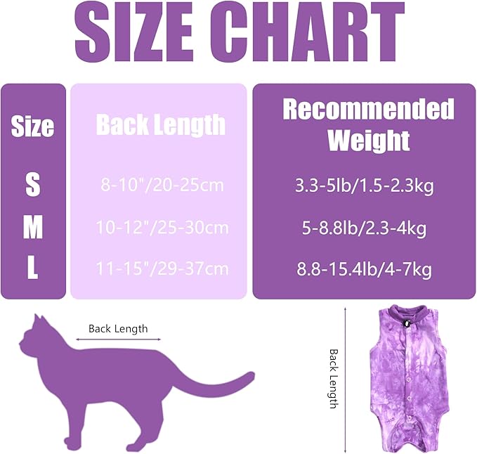 Cat Recovery Suit for Male and Female Surgical Post Surgery Soft Cone Onesie Tie Dye Cats Shirt Clothes Neuter Licking Protective Diapers Outfit Cover Kitten Spay Collar Alternative(Purple, L)-PawvioPets