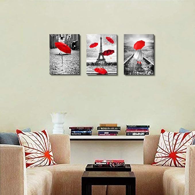 Black and white landscape Eiffel Tower 3 Piece Wall Art for Living Room Bathroom Decorations Kitchen Wall decor modern red umbrella Poster Canvas Print Office Bedroom Home Decoration wall paintings-PawvioPets